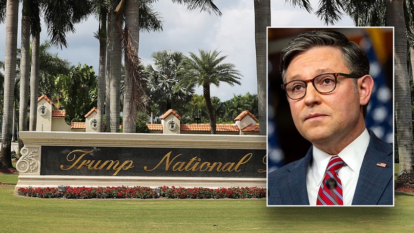 Speaker Mike Johnson inset over a picture of Trump National Doral resort