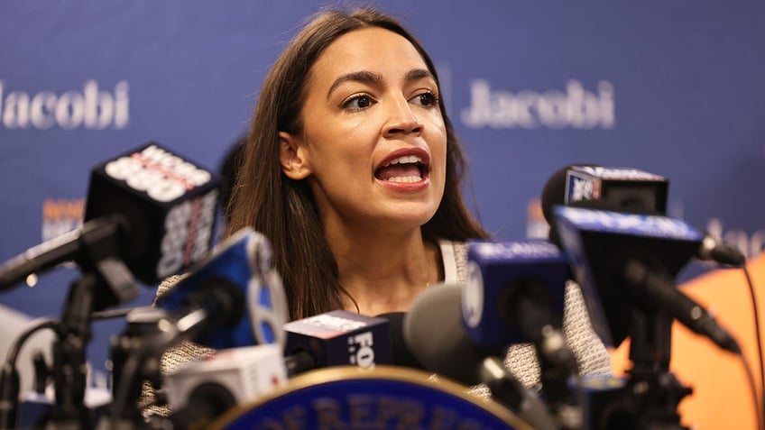 Rep. Alexandria Ocasio-Cortez (D-NY) speaks during a press conference at Jacobi Hospital in the Morris Park neighborhood on June 3, 2021 in the Bronx borough of New York City.