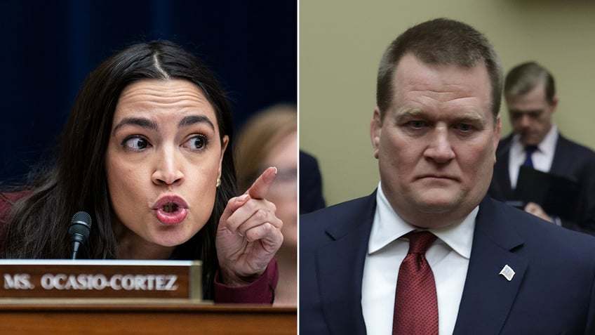 A split image with AOC and Tony Bobulinski at the Biden impeachment hearing