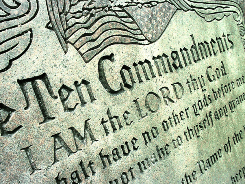 391223 04: A 42-year-old Ten Commandments sculpture is on display in front of city hall Ju
