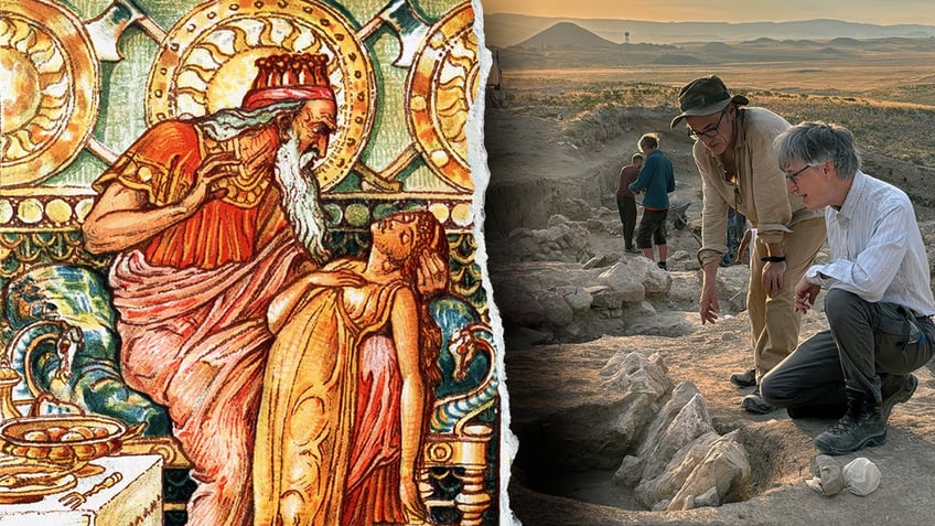 Split image of King Midas, archaeologists at site