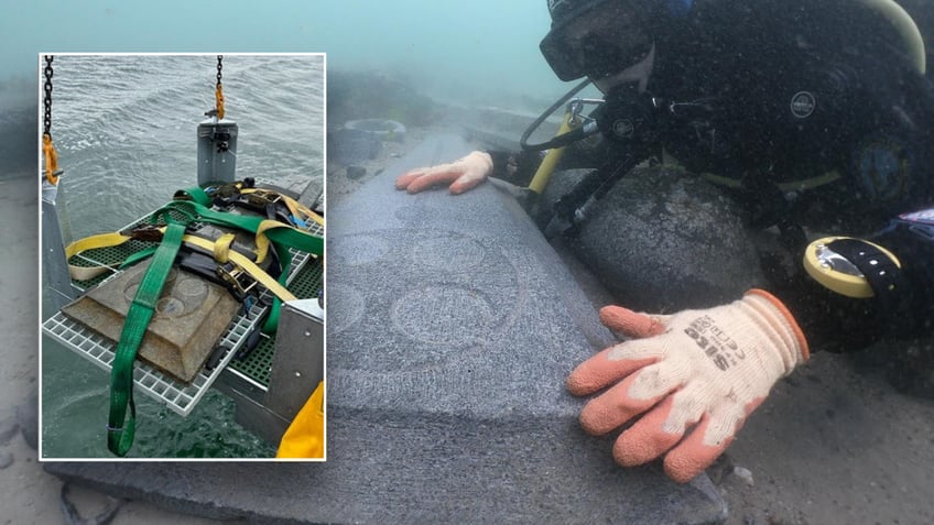 Split image of diver next to stones