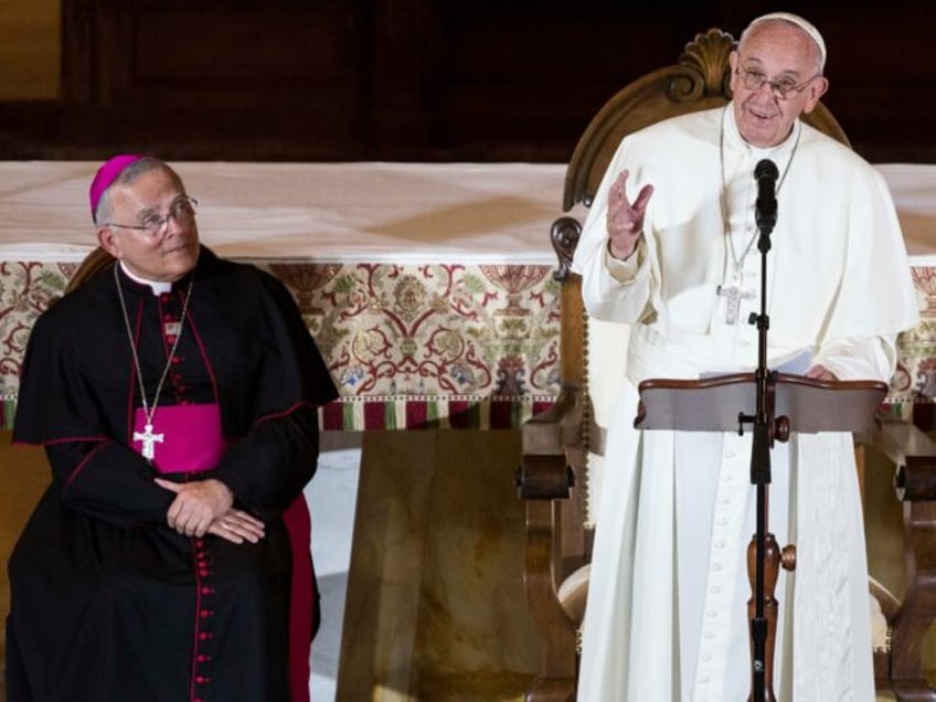 WYNNEWOOD, PA - SEPTEMBER 27: Pope Francis speaks to international bishops at Saint Charles Borromeo Seminary, September 27, 2015 in Wynnewood, Pennsylvania. After visiting Washington and New York City, Pope Francis concludes his tour of the U.S. with events in Philadelphia on Saturday and Sunday. At left is Charles Chaput, …