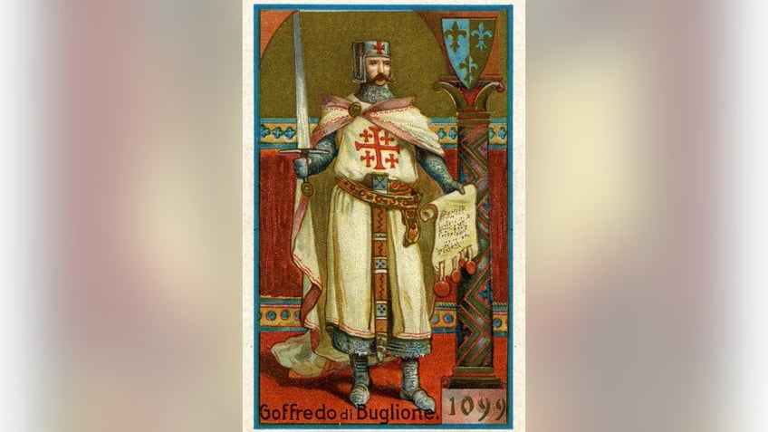 Chromo illustration (from the Liebig figurine series) of Duke of Lower Lorraine, Goffredo di Buglione (1061–1100), Italy, circa 1900. As Goffredo III (between 1089–1100), he participated in the First Crusade (1096–1099).