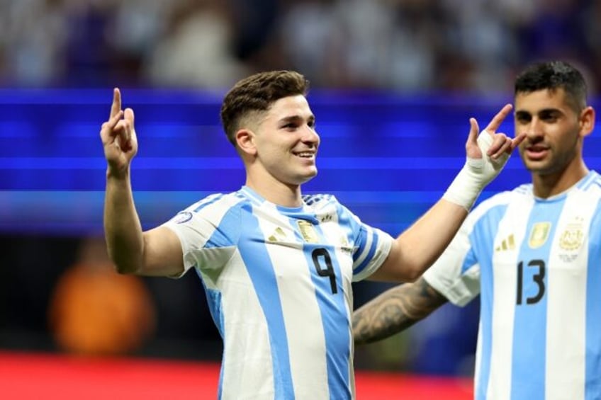 Argentina striker Julian Alvarez celebrates scoring during his team's Copa America group A