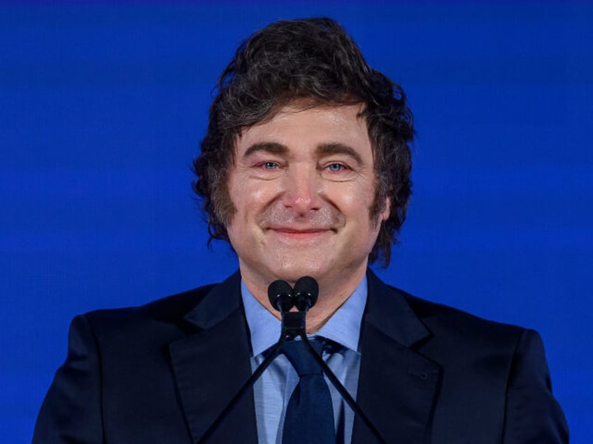 President of Argentina Javier Milei delivers his speech during the annual political conven
