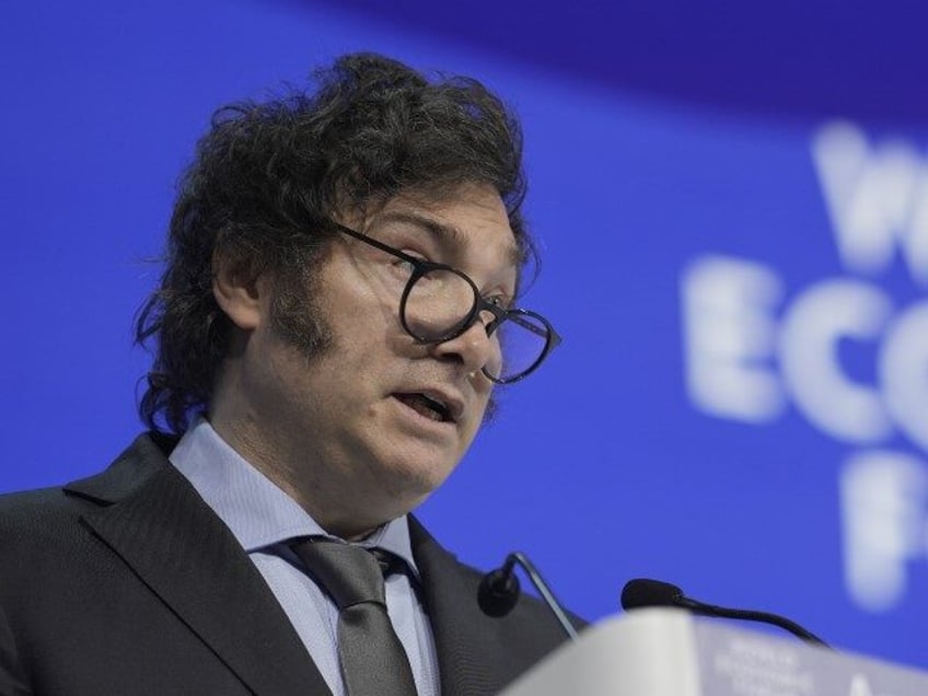 President of Argentina Javier Milei delivers speech at the Annual Meeting of World Economic Forum in Davos, Switzerland, Wednesday, January 17, 2024. The annual meeting of the World Economic Forum is taking place in Davos from January 15 until Jan. 19, 2024.(Markus Schreiber/AP)