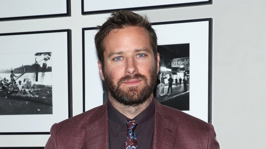 Armie Hammer wears purple suit and matching tie.