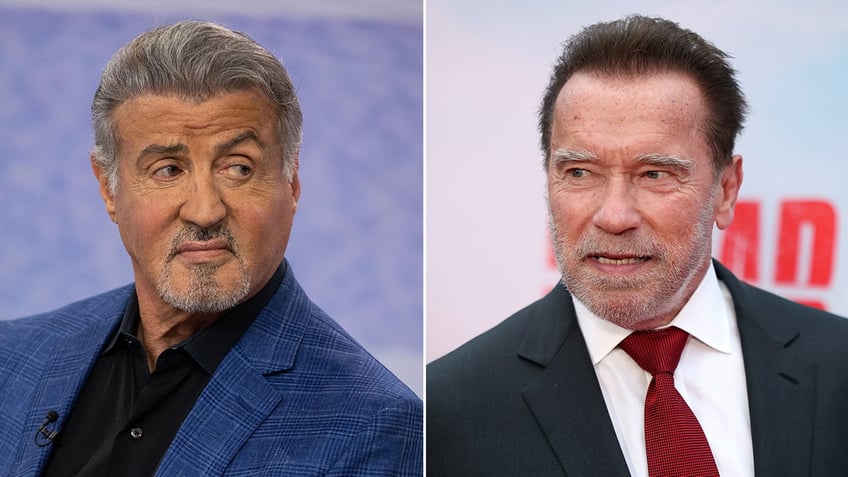 Sylvester Stallone in a blue suit looks unamused to his left (camera's right) split Arnold Schwarzenegger looks serious to his right (camera's left)