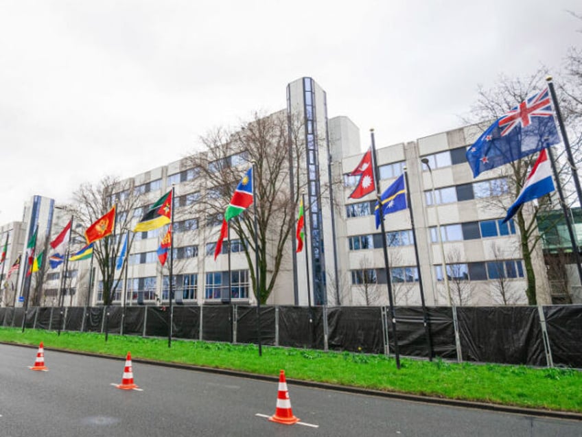 THE HAGUE, SOUTH HOLLAND, NETHERLANDS - 2024/02/09: The flag-lined Johan de Wittlaan in Th