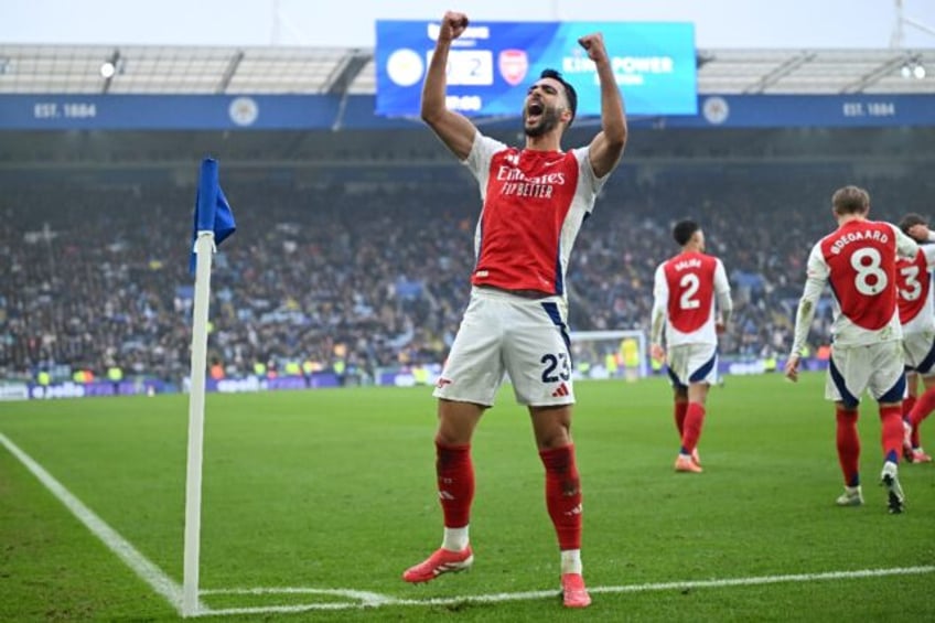 Arsenal's Mikel Merino celebrates after scoring against Leicester