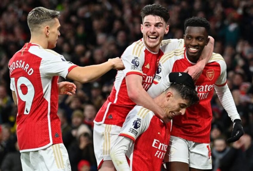 Arsenal's Kai Havertz (C) celebrates scoring against Brighton