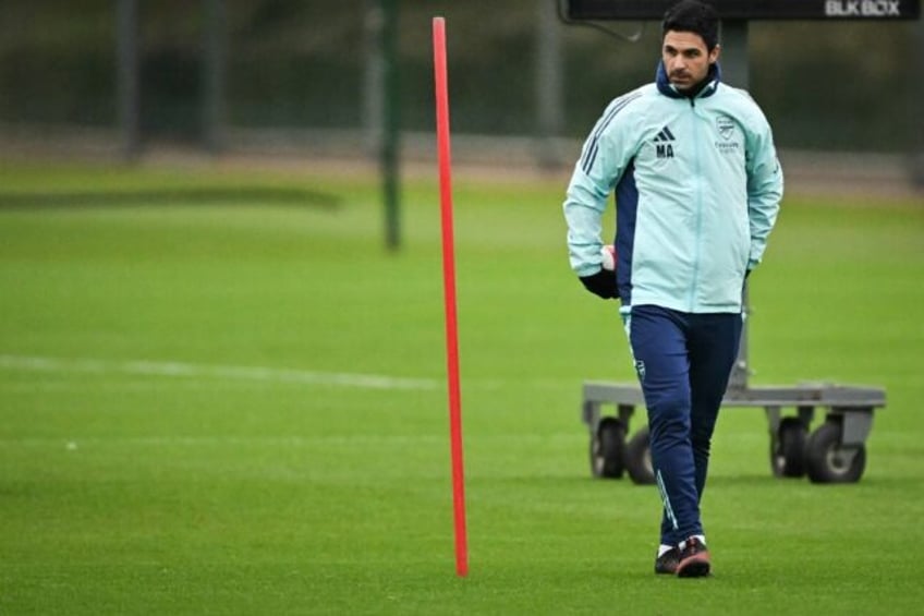 Mikel Arteta takes part in a training session on the eve of Arsenal's Champions League mat