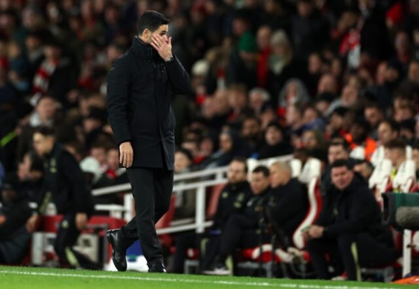 Arsenal manager Mikel Arteta reacts after his team's match against Everton finished in a 0