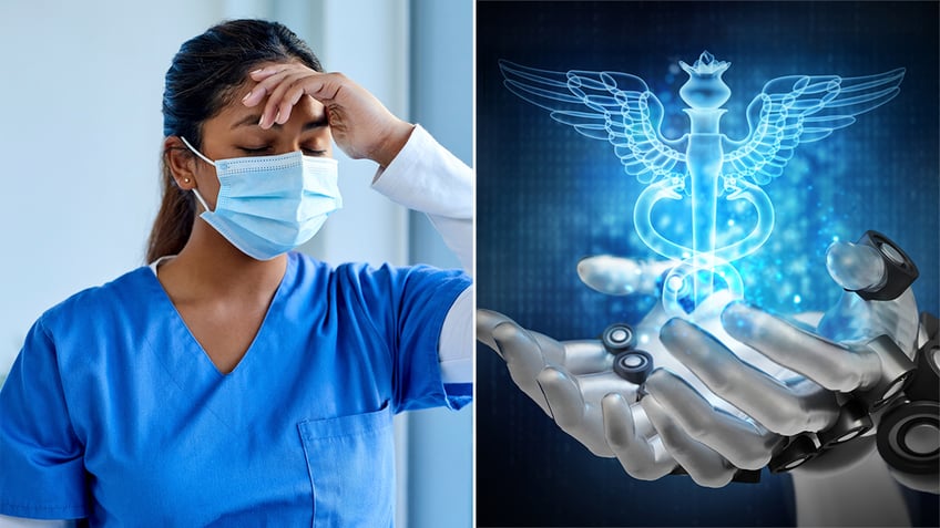 doctor stressed out next to AI image