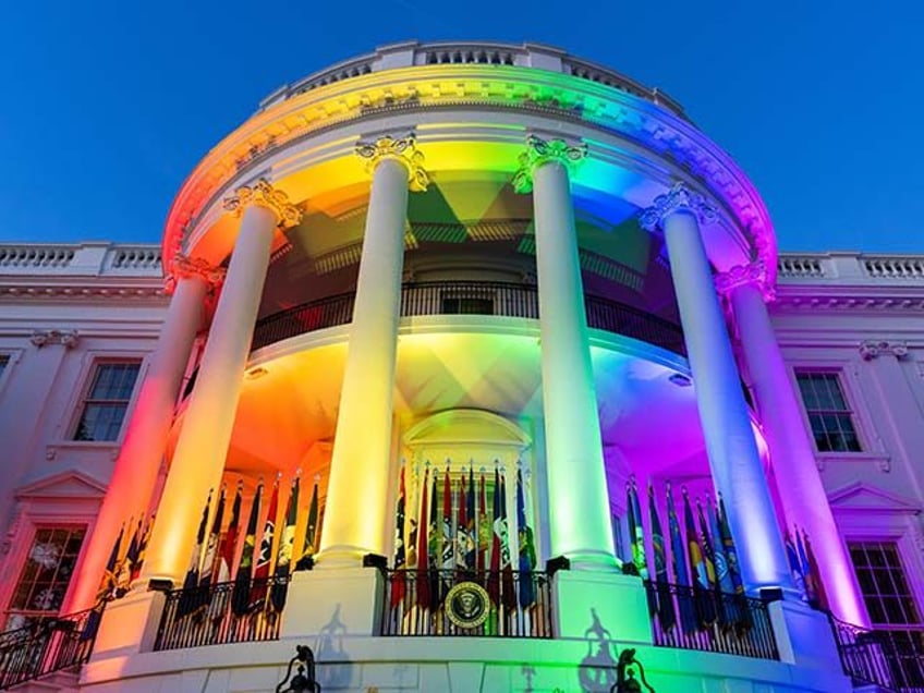 The South Portico is illuminated in Pride colors in honor of the signing of the Respect fo