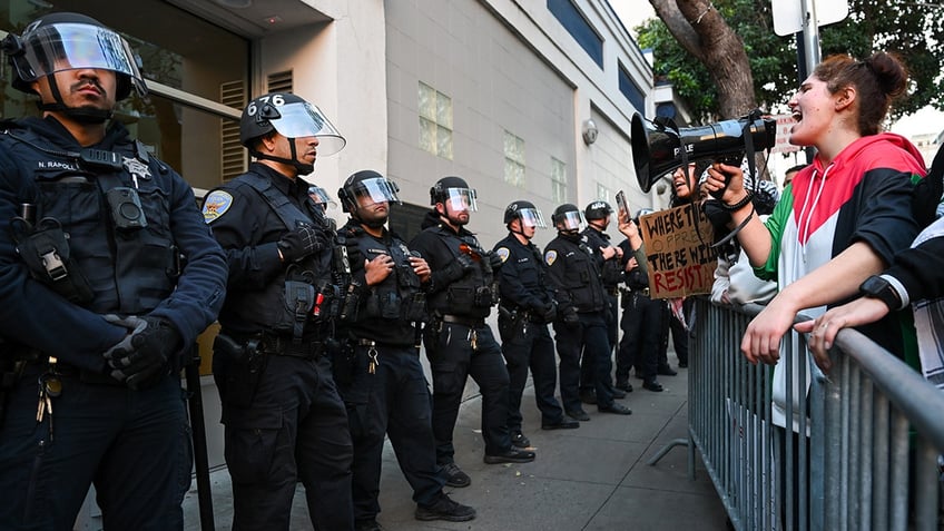 Anti-Israel protesters yell at police line in San Francisco