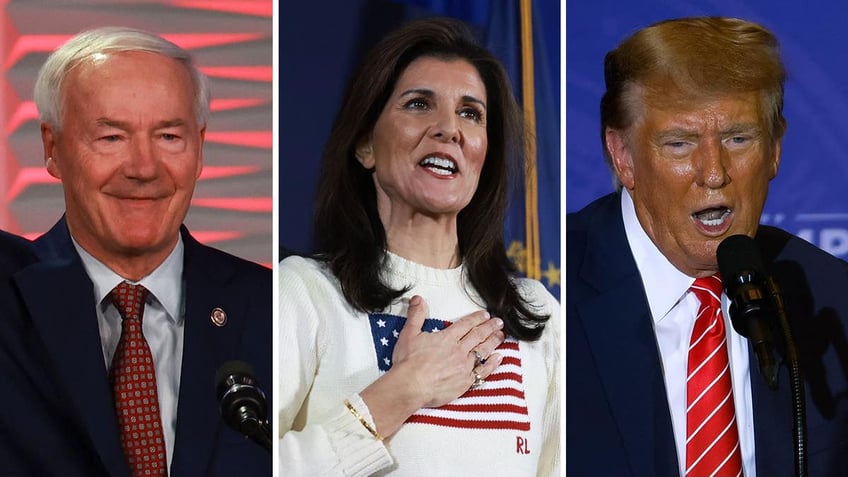 A split of Asa Hutchinson, Nikki Haley and Donald Trump