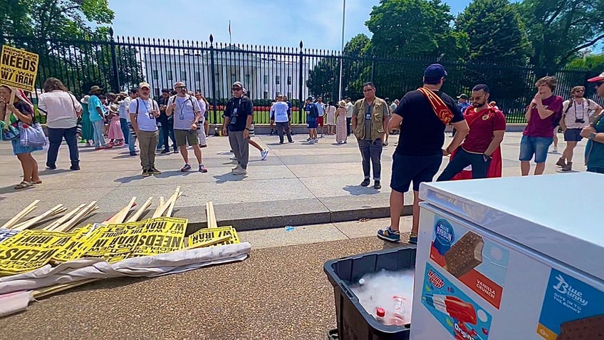 Pro-Iran protesters gather outside the White House to call for global intifada in demonstration sponsored by the Party for Socialism and Liberation, the ANSWER Coalition and others.