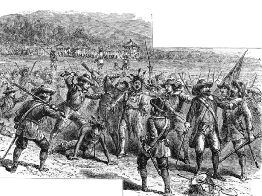 Old engraved illustration of the killing of the Rappahanock tribe chiefs - stock photo, Getty Images