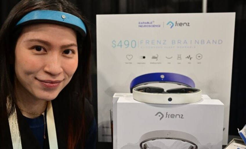 Kim Doan, head of investments at Earable, presents the "Brainband" at the Las Vegas tech show, January 7, 2024