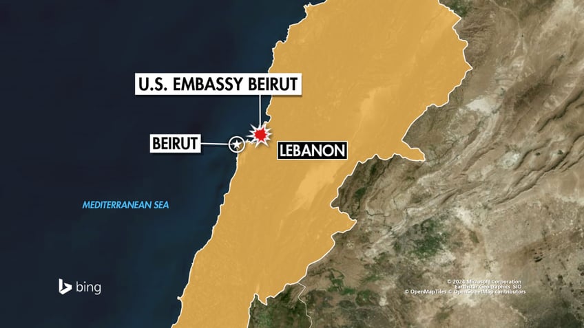 Map of where the U.S. embassy in Lebanon is located outside Beirut