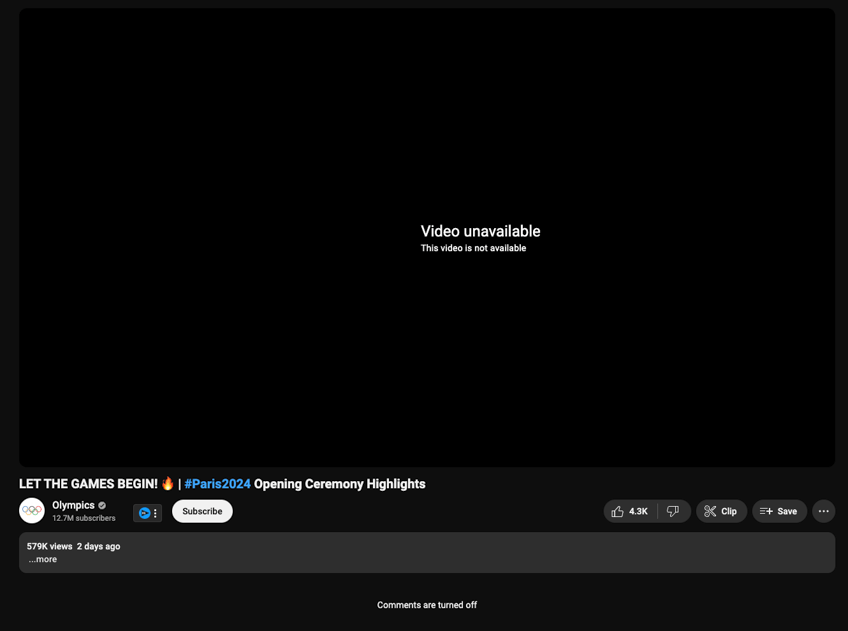 au revoir official olympics youtube account deletes paris 2024 opening ceremony video