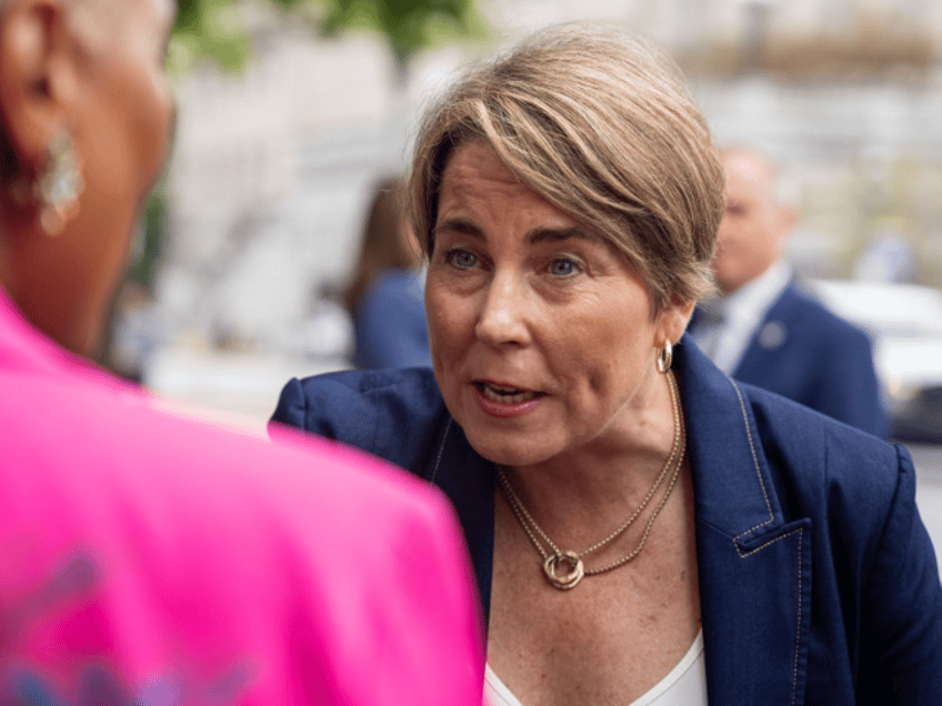 Governor Maura Healey (D-MA) speaks to a Harris-Walz supporter at the Pennsylvania State C