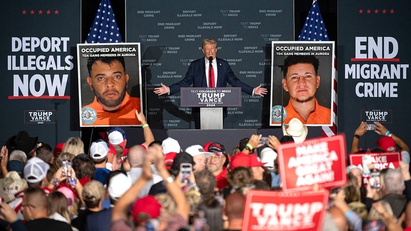 Former President Donald Trump on stage in front of cheering crowd