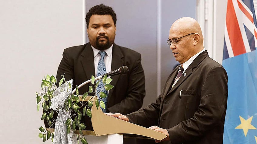 The newly elected Prime Minister Feleti Teo, is sworn into office during a ceremony in Funafuti, Tuvalu.