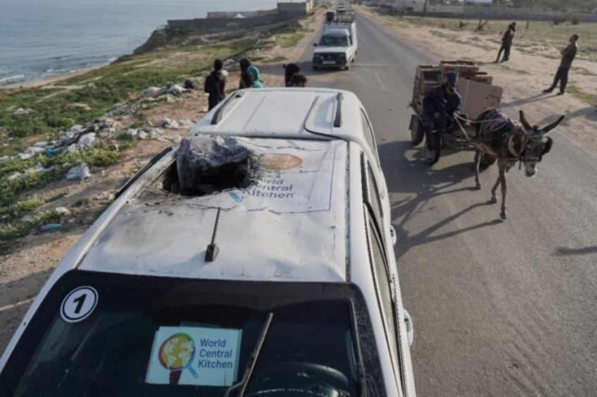 A car used by US-based World Central Kitchen bears witness to an Israeli strike that mista