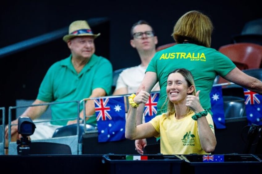 Injured Australian player Storm Hunter on the sidelines during the Billie Jean King Cup cl