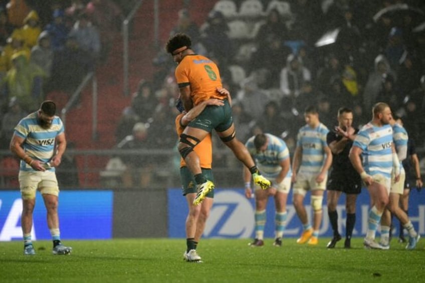 Australia try-scorer Rob Valetini celebrates as the Wallabies beat Argentina 20-19 in La P