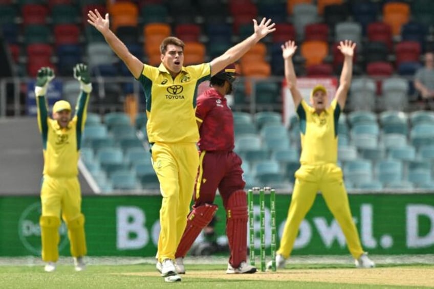 Xavier Bartlett (C) starred with the ball for Australia in their one-day international against the West Indies