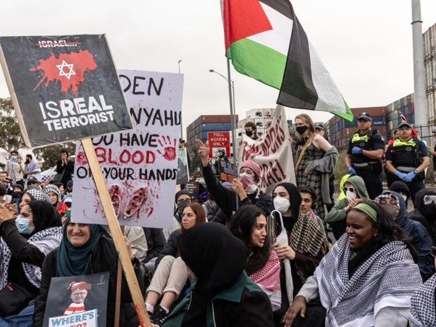 Pro-Palestine activists block the road for trucks at the entrance of Port Melbourne on Nov