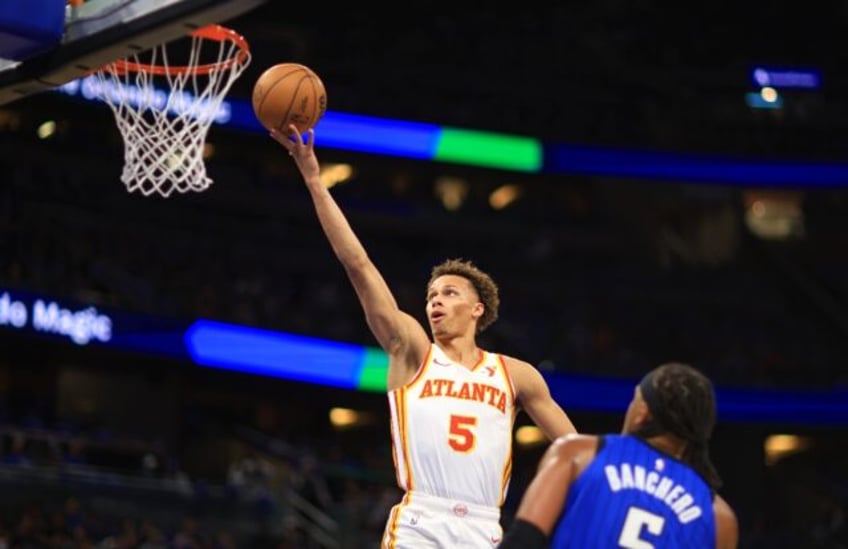 Australian guard Dyson Daniels of the Atlanta Hawks, driving to the basket, was named the