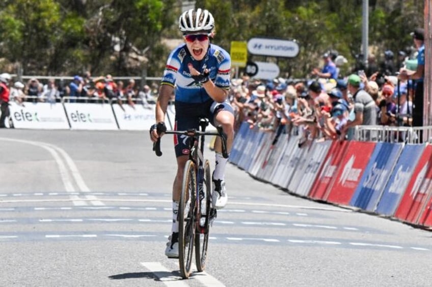 Australia's AG Insurance - Soudal rider Sarah Gigante reacts after winning the third stage of the Tour Down Under cycling race to claim the women's title