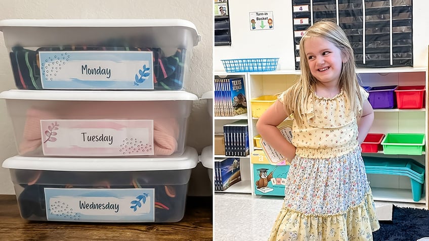 Clothing buckets and kindergartener