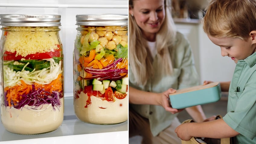 Two mason jar salads split with a picture of a woman helping her young son pack his lunch bag in his backpack.