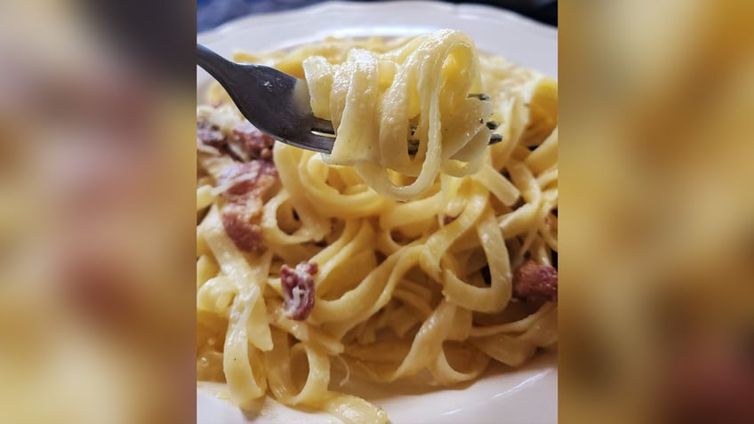 A plate of tagliatelle carbonara. 