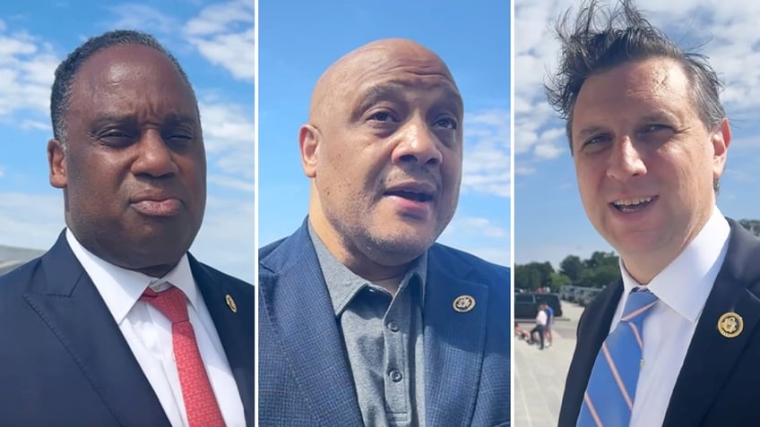 Democratic lawmakers including, from left, Reps. Jonathan Jackson, D-Ill.; Andre Carson, D-Ind.; and Seth Magaziner, D-R.I., spoke with Fox News Digital in Washington, D.C., on Friday.