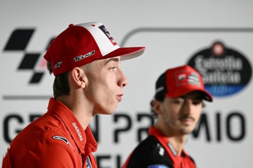 Pedro Acosta (L) answers a question in Jerez ahead of the MotoGP Spanish watched by world