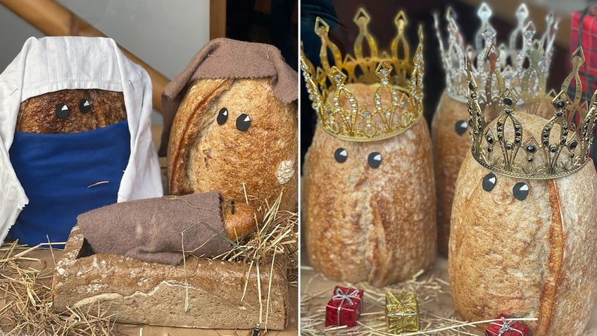 Baby Jesus is a baguette inside a rye loaf made to look like a crib. The other characters are made of organic wild white sourdough bread.