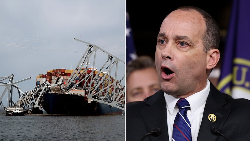 A split image of Baltimore's Francis Scott Key Bridge destroyed on the left, and House Freedom Caucus Chairman Bob Good on the right