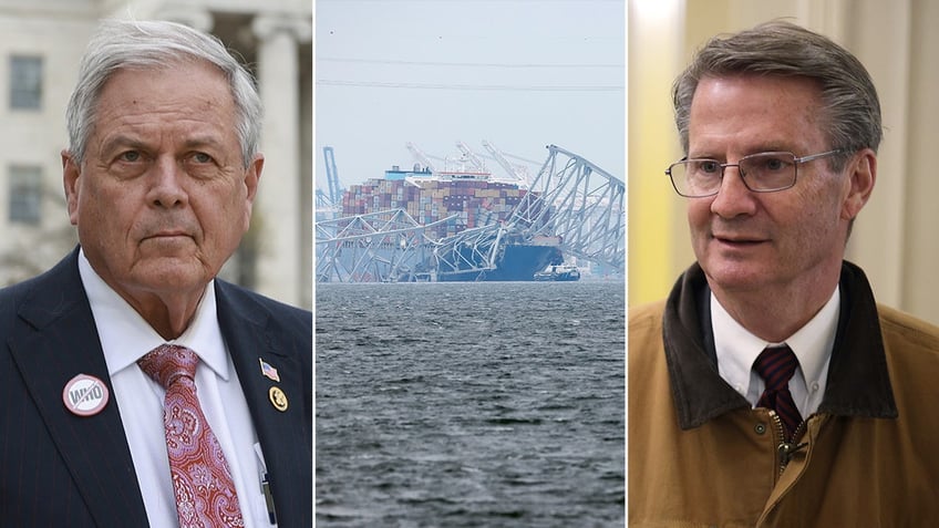 Ralph Norman and Tim Burchett flanking a photo of remains of the Baltimore Key Bridge