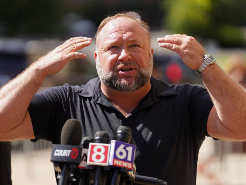 Alex Jones Speaks To The Media Outside The Sandy Hook Trial In Waterbury, Connecticut