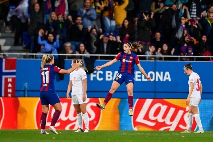 Barcelona midfielder Aitana Bonmati celebrates after scoring the opener against Brann as h