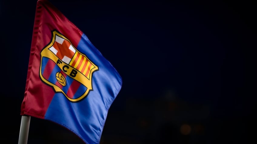 A flag bearing the logo of FC Barcelona is seen prior to the UEFA Champions League round of 16 second leg football match between FC Barcelona and SSC Napoli. FC Barcelona won 3-1 over SSC Napoli. 