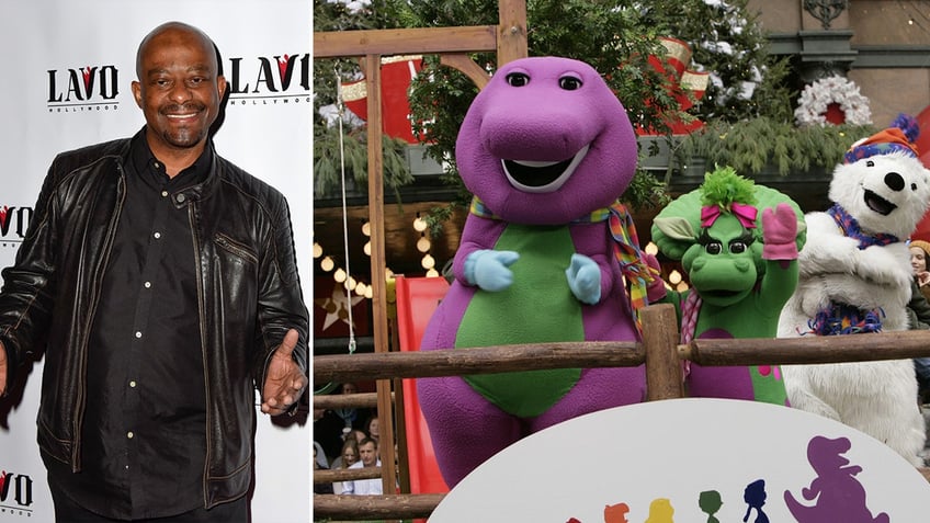 David Joyner side by side a phot of Barney characters on a parade float