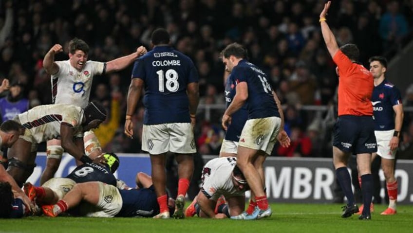 Key score: Fin Baxter goes over for England's third try in a 26-25 Six Nations win over Fr